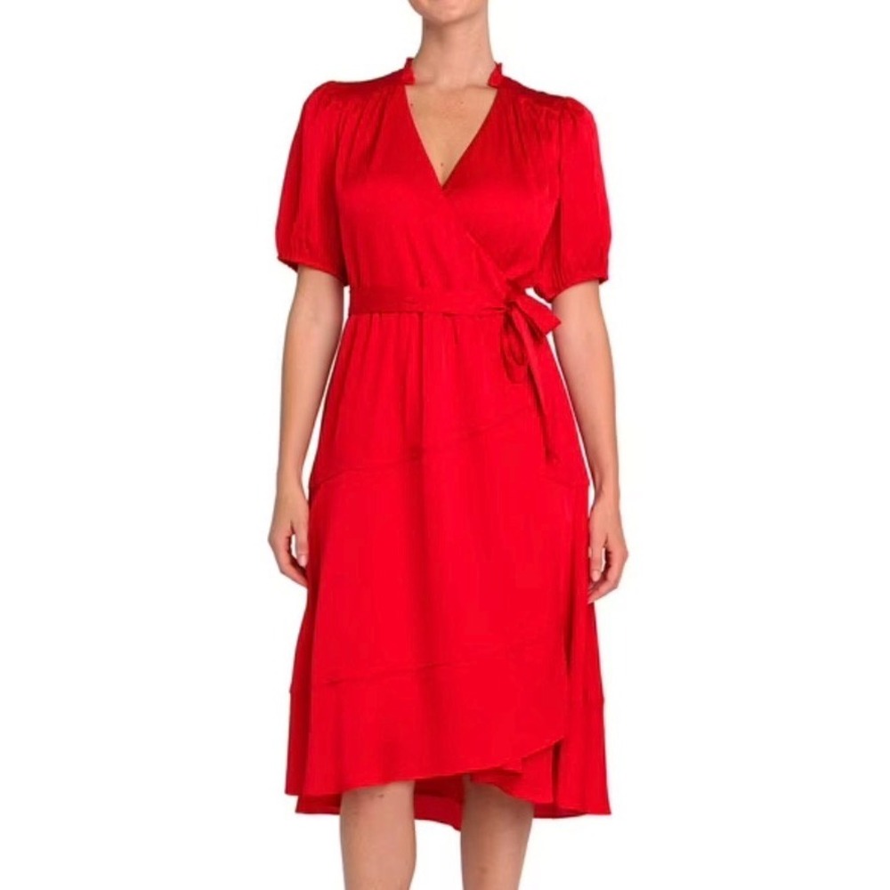 NWT Medium Draper James Red Lined Tiered Textured Wrap Midi Dress Puff Sleeve